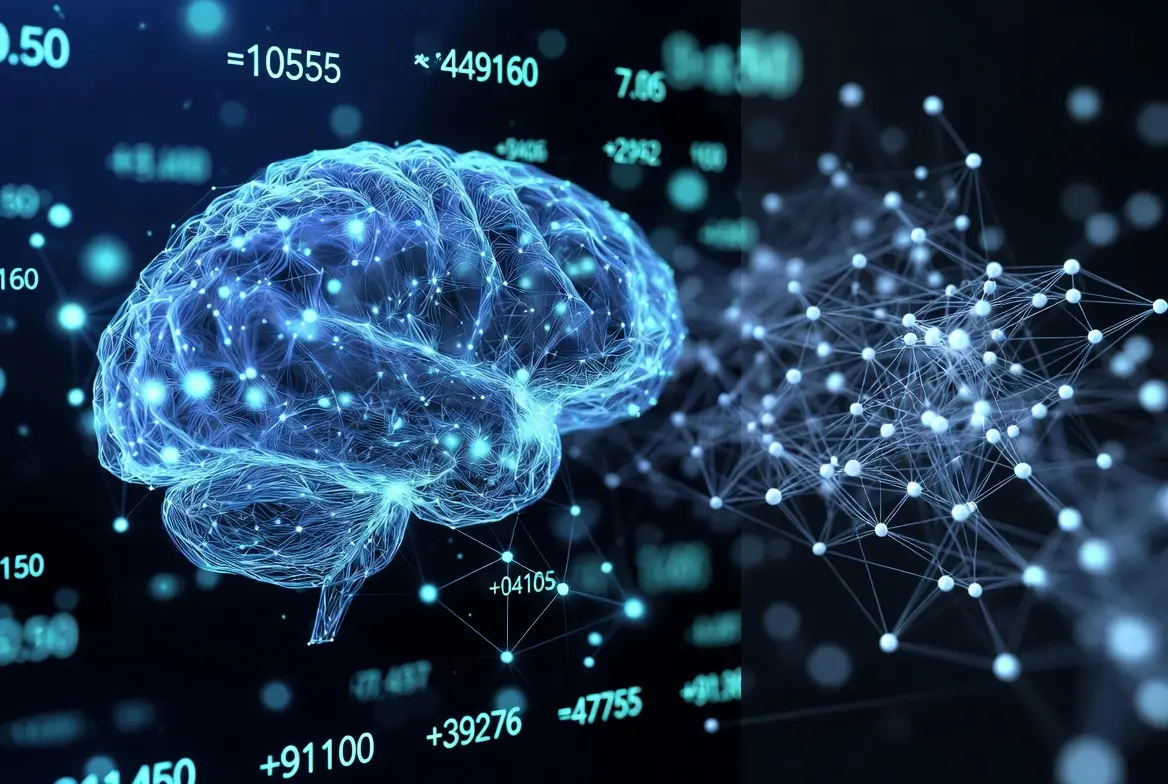 Abstract visualization of an AI system processing textual brand mentions as strong semantic connections, while traditional backlinks appear weaker or secondary.