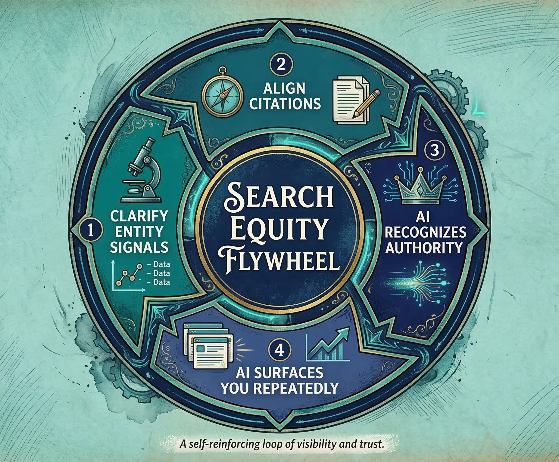 Search Equity Flywheel Flowchart explaining the AISO cycle